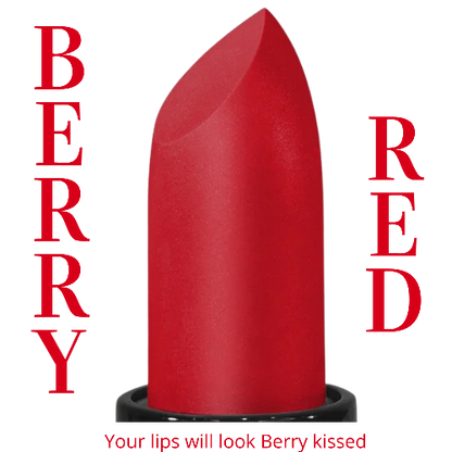Red lipstick with 'Berry Red' text on a white background, 'Your lips will look berry kissed'