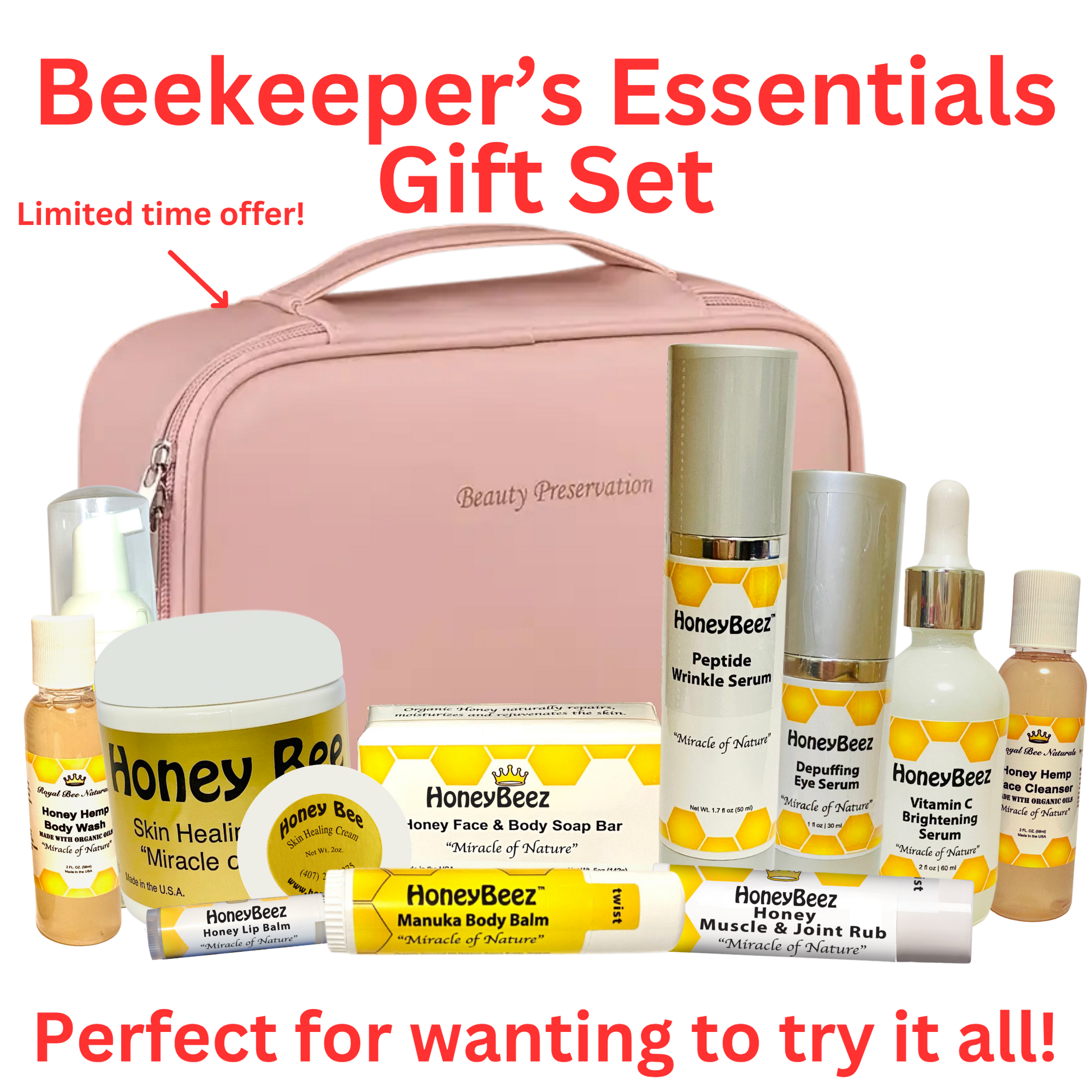 Beekeeper's Essentials Gift Set with pink carrying case and various skincare products on a white background.